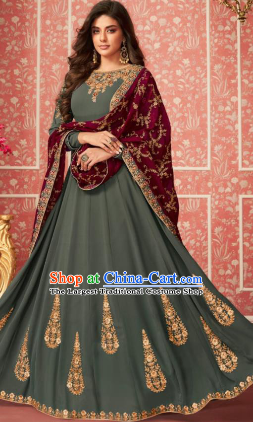 Indian Traditional Court Olive Green Georgette Anarkali Dress Asian India National Festival Costumes for Women
