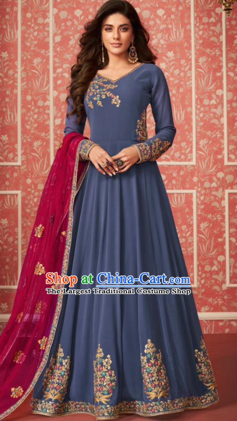 Indian Traditional Court Blue Georgette Anarkali Dress Asian India National Festival Costumes for Women