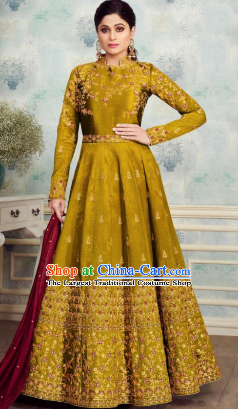 Indian Traditional Bollywood Court Ginger Silk Anarkali Dress Asian India National Festival Costumes for Women