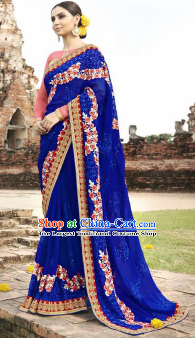 Indian Traditional Bollywood Court Royalblue Georgette Sari Dress Asian India National Festival Costumes for Women