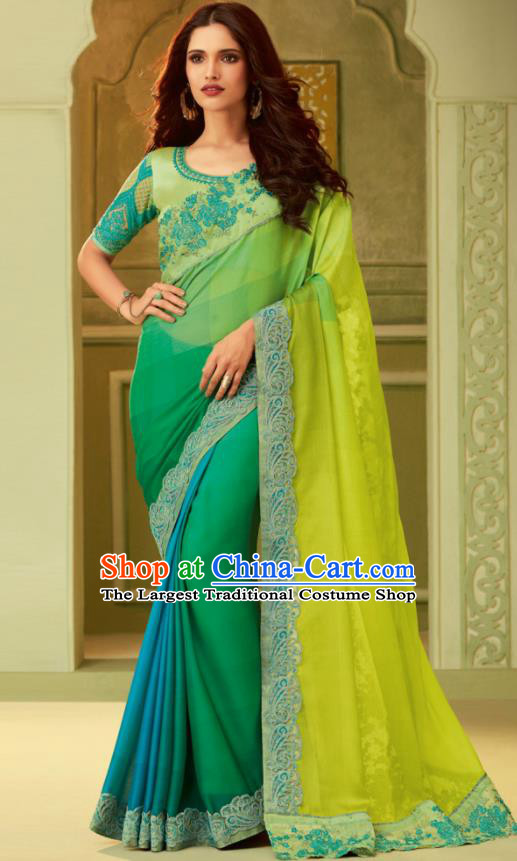 Indian Traditional Sari Bollywood Court Green Dress Asian India National Festival Costumes for Women