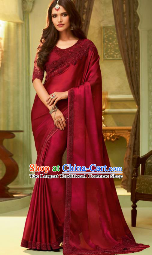 Indian Traditional Sari Bollywood Dark Red Silk Dress Asian India National Festival Costumes for Women