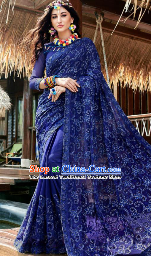 Indian Traditional Bollywood Court Embroidered Royalblue Georgette Sari Dress Asian India National Festival Costumes for Women