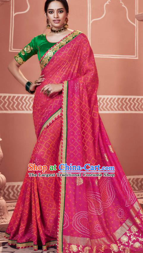 Indian Traditional Sari Bollywood Printing Rosy Dress Asian India National Festival Costumes for Women