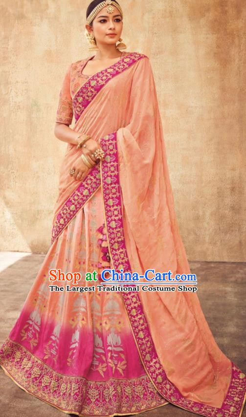 Indian Traditional Bollywood Lehenga Pink Banarasi Silk Dress Asian India National Festival Costumes for Women
