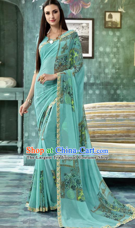 Indian Traditional Bollywood Printing Sari Light Blue Dress Asian India National Festival Costumes for Women