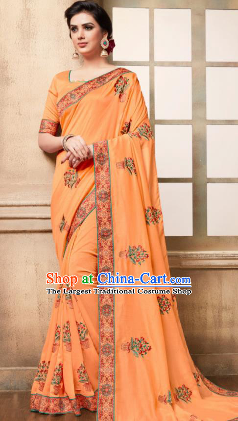 Indian Traditional Bollywood Embroidered Orange Silk Sari Dress Asian India National Festival Costumes for Women