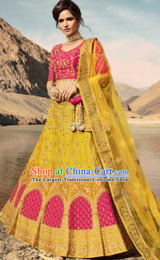 Indian Traditional Lehenga Embroidered Yellow Dress Asian India National Festival Costumes for Women