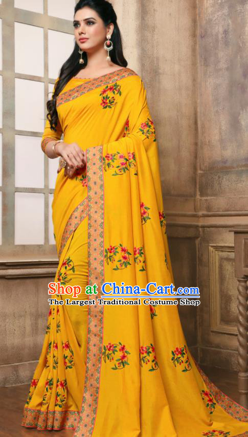 Indian Traditional Bollywood Embroidered Yellow Silk Sari Dress Asian India National Festival Costumes for Women