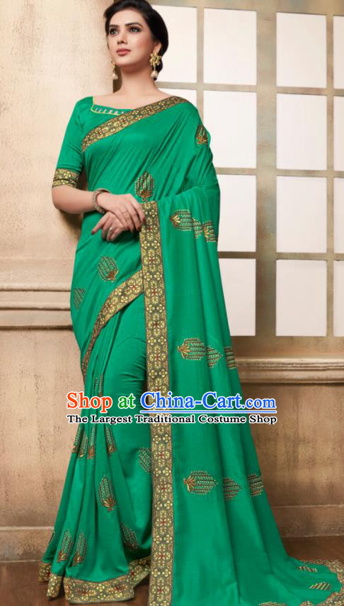 Indian Traditional Bollywood Embroidered Green Silk Sari Dress Asian India National Festival Costumes for Women