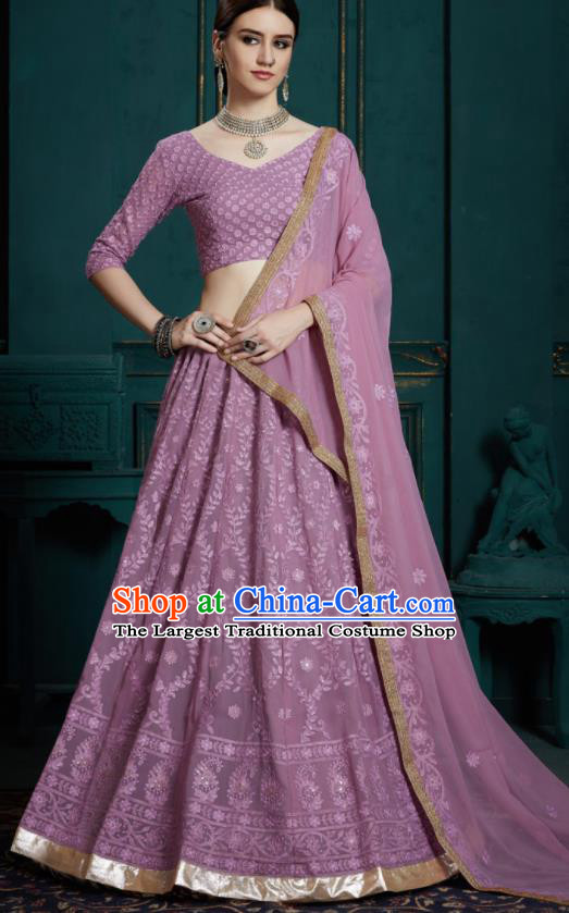 Indian Traditional Lehenga Embroidered Purple Dress Asian India National Festival Costumes for Women