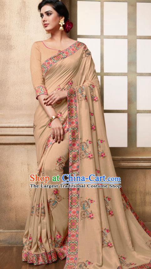 Indian Traditional Bollywood Embroidered Apricot Silk Sari Dress Asian India National Festival Costumes for Women