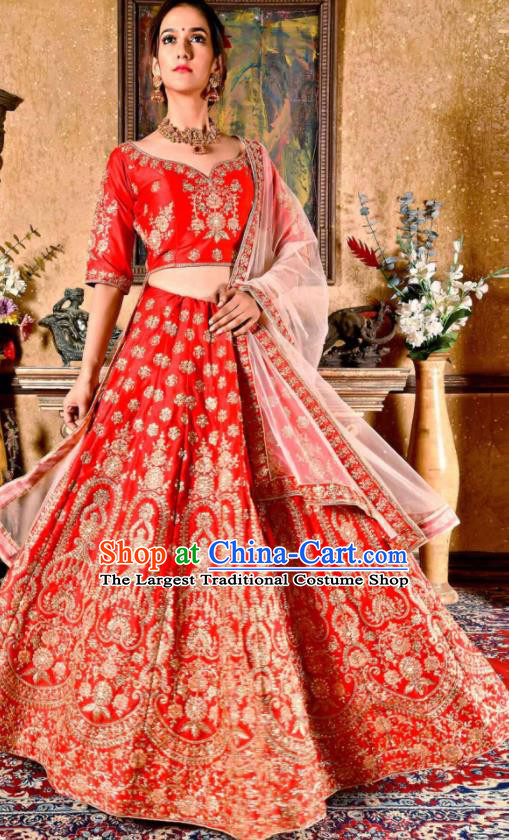 Indian Traditional Bollywood Wedding Embroidered Lehenga Red Dress Asian India National Festival Costumes for Women