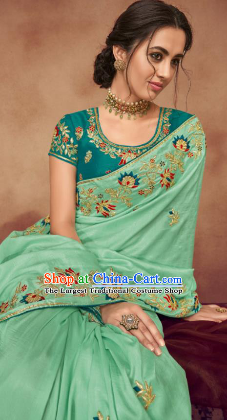 Indian Traditional Court Bollywood Embroidered Light Green Sari Dress Asian India National Festival Costumes for Women