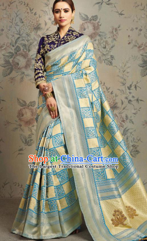 Indian Traditional Festival Jacquard Lake Blue Sari Dress Asian India National Court Bollywood Costumes for Women