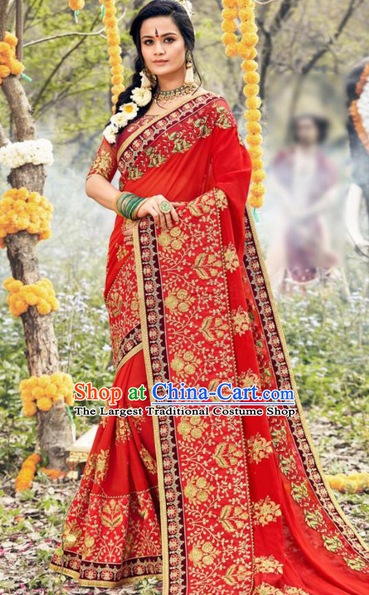 Indian Traditional Festival Red Georgette Sari Dress Asian India National Court Bollywood Costumes for Women