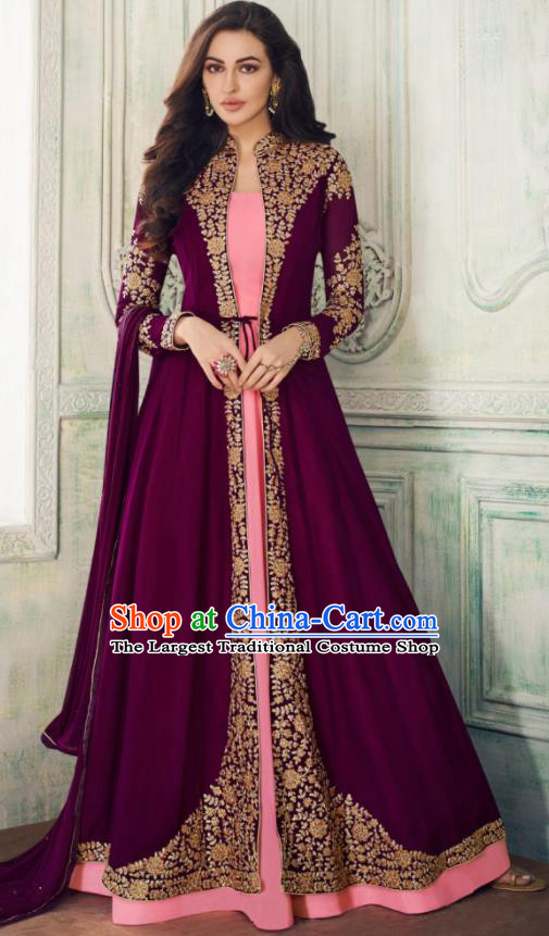 Indian Traditional Festival Embroidered Purple Anarkali Dress Asian India National Court Bollywood Costumes for Women