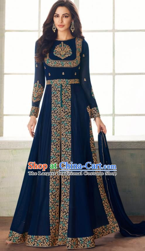 Indian Traditional Festival Embroidered Navy Anarkali Dress Asian India National Court Bollywood Costumes for Women