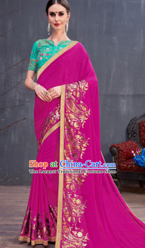 Indian Traditional Festival Rosy Georgette Sari Dress Asian India National Court Bollywood Costumes for Women