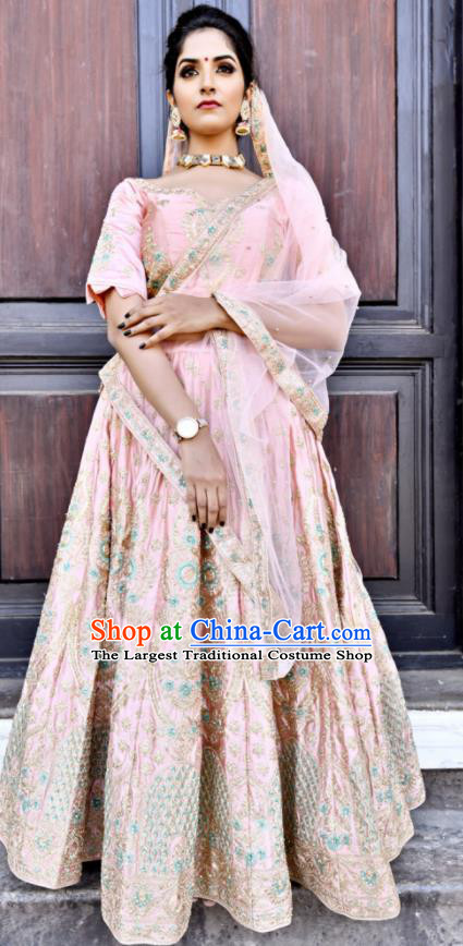 Traditional Indian Embroidered Lehenga Pink Satin Dress Asian India National Bollywood Costumes for Women
