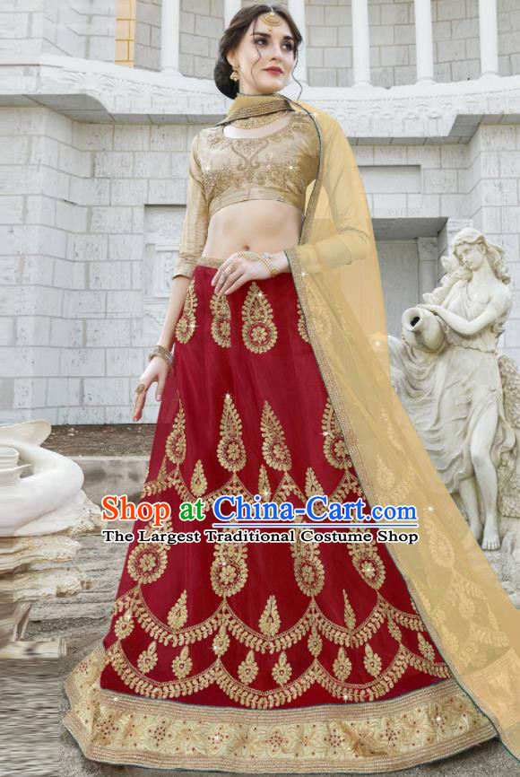 Traditional Indian Embroidered Lehenga Wine Red Dress Asian India National Bollywood Costumes for Women