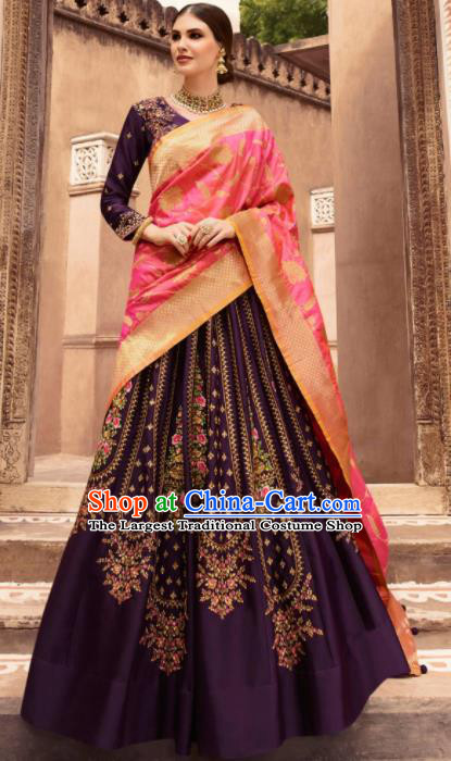 Traditional Indian Embroidered Lehenga Deep Purple Silk Dress Asian India National Bollywood Costumes for Women