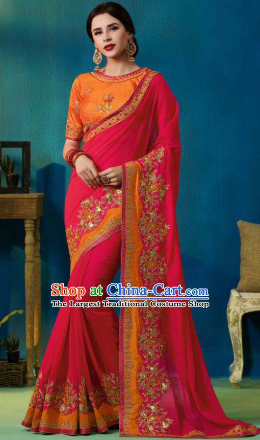 Traditional Indian Sari Embroidered Rosy Silk Dress Asian India National Bollywood Costumes for Women