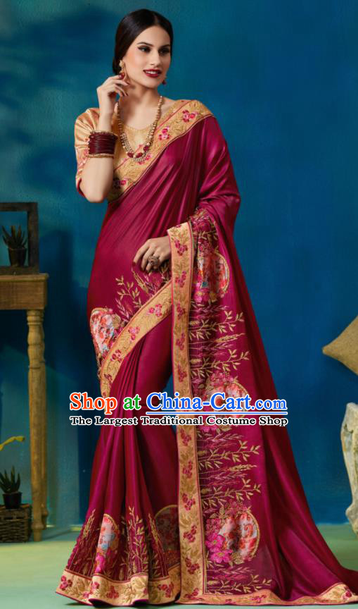 Traditional Indian Sari Embroidered Wine Red Silk Dress Asian India National Bollywood Costumes for Women