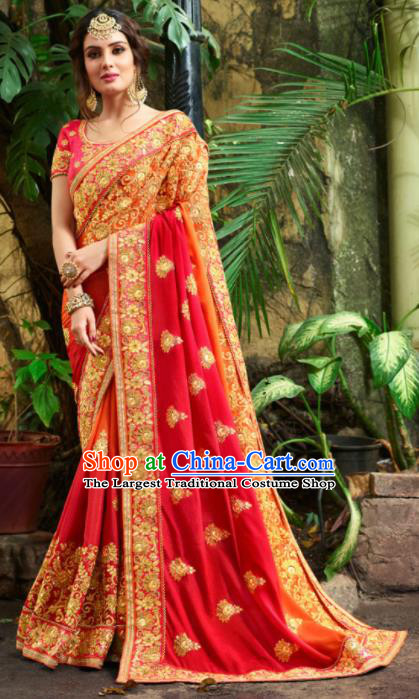 Traditional Indian Court Bride Embroidered Red Sari Dress Asian India National Bollywood Costumes for Women