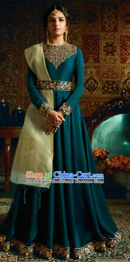 Indian Traditional Festival Peacock Blue Satin Anarkali Dress Asian India National Court Bollywood Costumes for Women