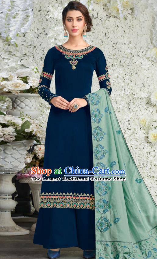 Traditional Indian Lehenga Embroidered Deep Blue Blouse and Pants Asian India Punjab National Costumes for Women