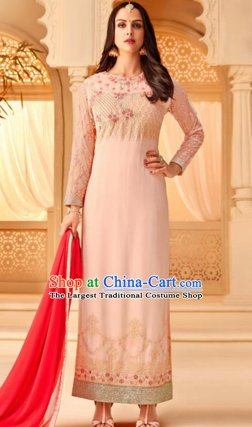 Traditional Indian Punjab Pink Georgette Blouse and Pants Asian India National Costumes for Women