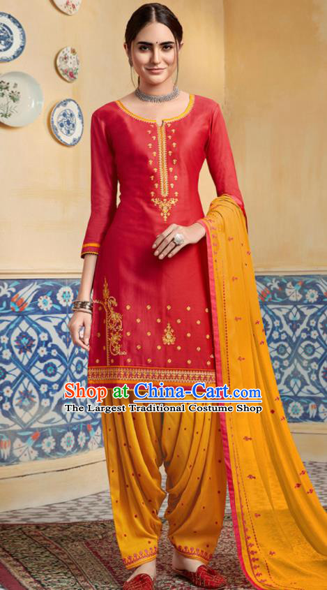 Traditional Indian Punjab Red Satin Blouse and Yellow Pants Asian India National Costumes for Women