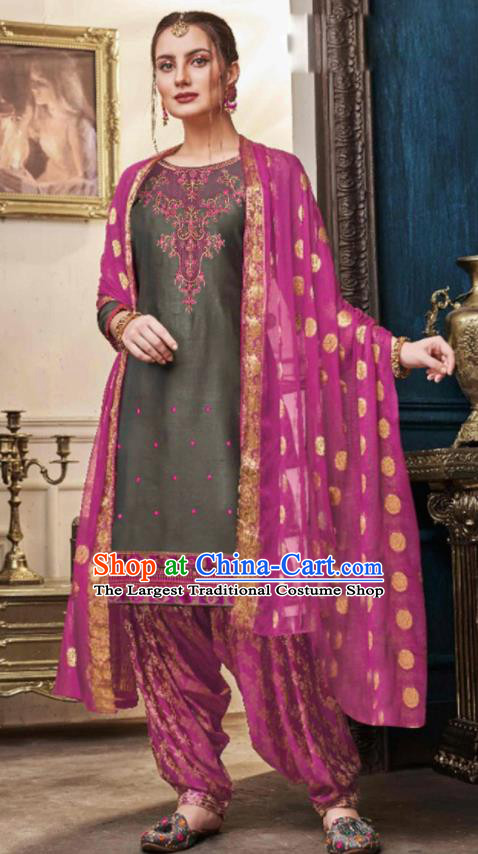 Traditional Indian Punjab Grey Satin Blouse and Purple Pants Asian India National Costumes for Women