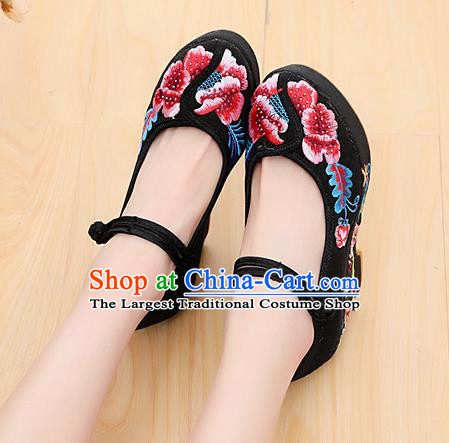 Chinese National Embroidered Black High Heels Shoes Traditional Hanfu Shoes Opera Shoes Wedding Bride Shoes for Women