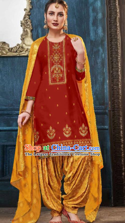 Traditional Indian Punjab Red Satin Blouse and Golden Pants Asian India National Costumes for Women