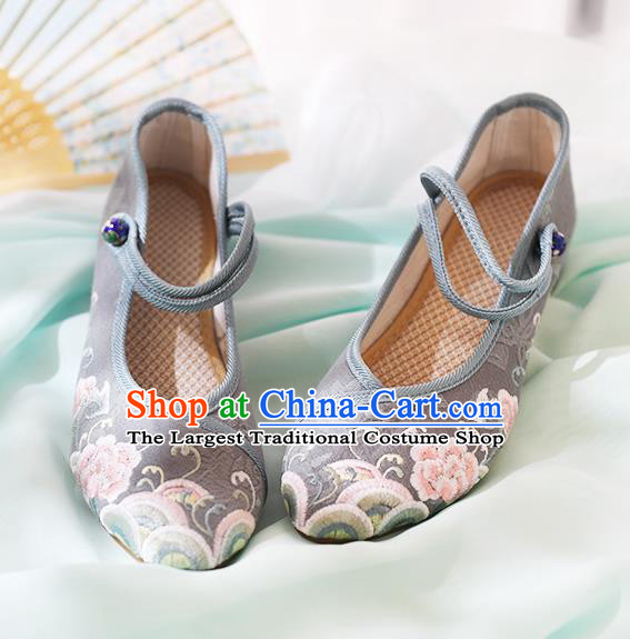 Chinese National Embroidered Peony Grey Shoes Traditional Hanfu Shoes Opera Shoes Wedding Bride Shoes for Women