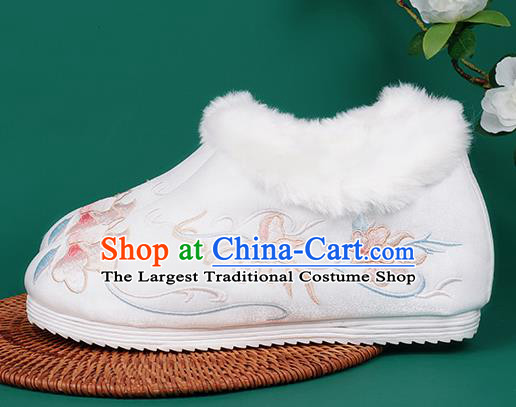 Chinese Traditional Embroidered Winter White Boots Hanfu Shoes Cloth Boots for Women