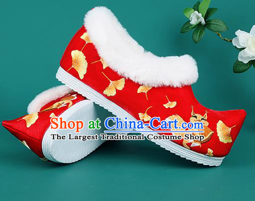 Chinese Traditional Winter Embroidered Ginkgo Squirrel Red Shoes Hanfu Shoes Princess Shoes for Women
