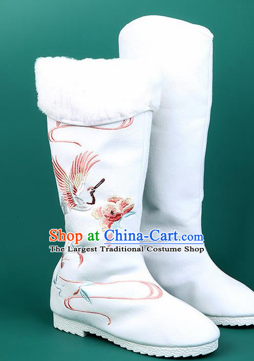 Chinese Traditional Embroidered Crane White High Boots Hanfu Shoes Cloth Boots for Women