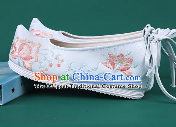 Chinese Traditional Wedding Embroidered Peony Blue Shoes Hanfu Shoes Princess Shoes for Women