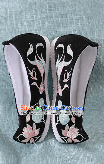 Chinese Handmade Embroidered Lotus Goldfish Black Shoes Traditional Ming Dynasty Hanfu Shoes Princess Shoes for Women