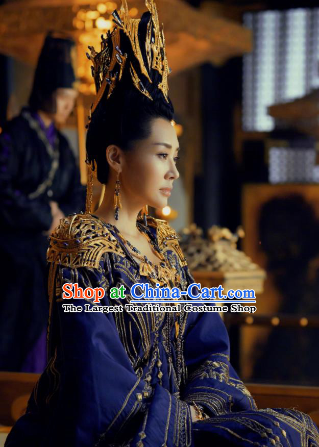 Chinese Ancient Grand Princess of Yin Empir Bai Lingbo Novoland Eagle Flag Xu Qing Replica Costumes and Headpiece for Women