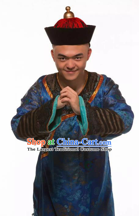 Deling and Cixi Chinese Ancient Qing Dynasty Eunuch Navy Clothing Stage Performance Dance Costume for Men