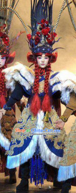 Chinese Pingtan Impression Classical Dance Royalblue Dress Stage Performance Dance Costume and Headpiece for Women