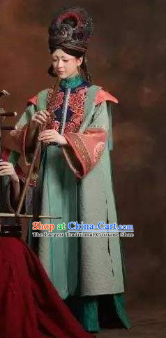 Chinese Pingtan Impression Ancient Qing Dynasty Green Dress Stage Performance Dance Costume and Headpiece for Women