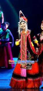 Impression Shanha Chinese She Nationality Dance Red Dress Stage Performance Dance Costume and Headpiece for Women