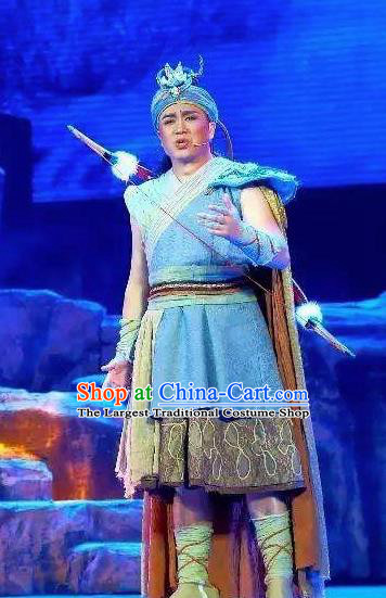 Huang Si Jie Chinese Tujia Minority Hunter Blue Clothing Stage Performance Dance Costume and Headpiece for Men