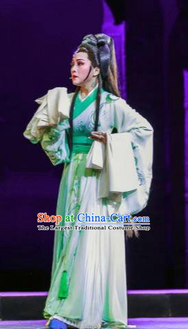 Chinese Shaoxing Opera Bronze Swallow Terrace Zhen Luo Green Dress Stage Performance Dance Costume and Headpiece for Women