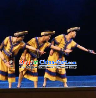Goddess Ya Song Chinese Zhuang Nationality Dance Yellow Clothing Stage Performance Dance Costume and Headpiece for Men
